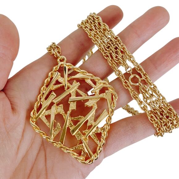VTG 1970s Gold Tone Modernist Pendant Necklace Long Rope Chain 48" - Picture 3 of 9